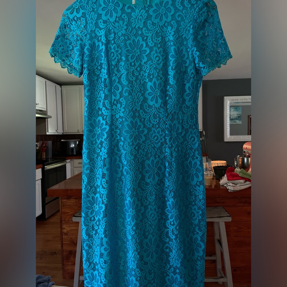 Electric Blue Below-Knee length Lace dress. WILL DRY CLEAN!